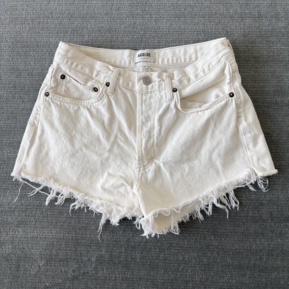 AGOLDE Parker Shorts Frayed Denim Women 27 Eggshell Button Fly High Rise